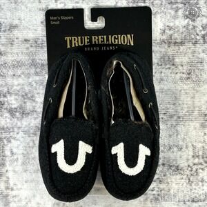 NWT True Religion Slippers House Shoes Black & White Brown Lining Mens Small 7-8